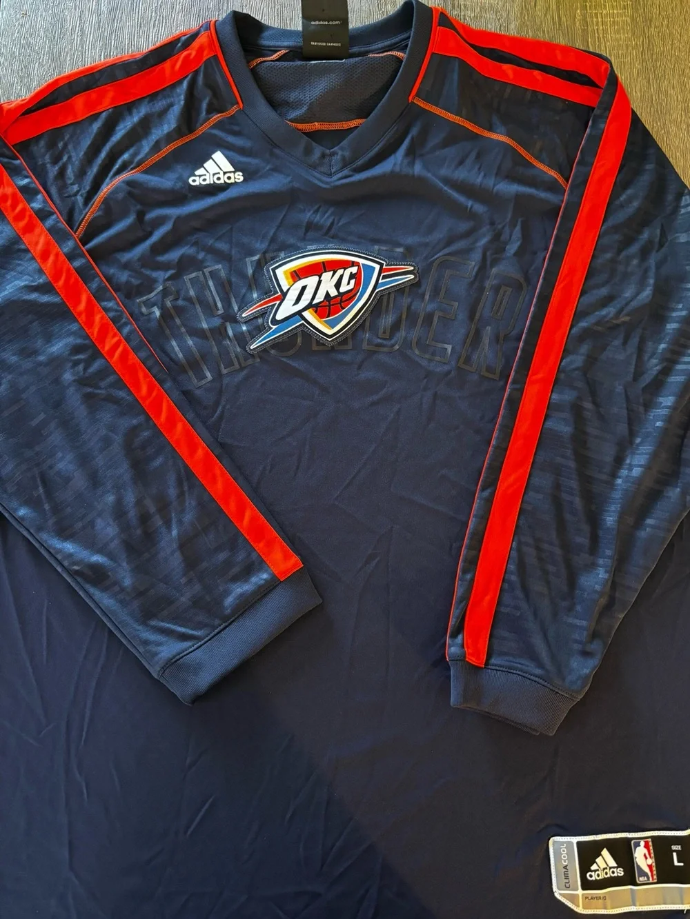 adidas Navy and Red OKC Thunder Long Sleeve Warm-Up Top